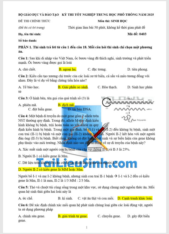 BÀI GIẢI THI TIẾT THAM KHẢO ĐỀ SINH THPT 2025 MÃ ĐỀ 0403